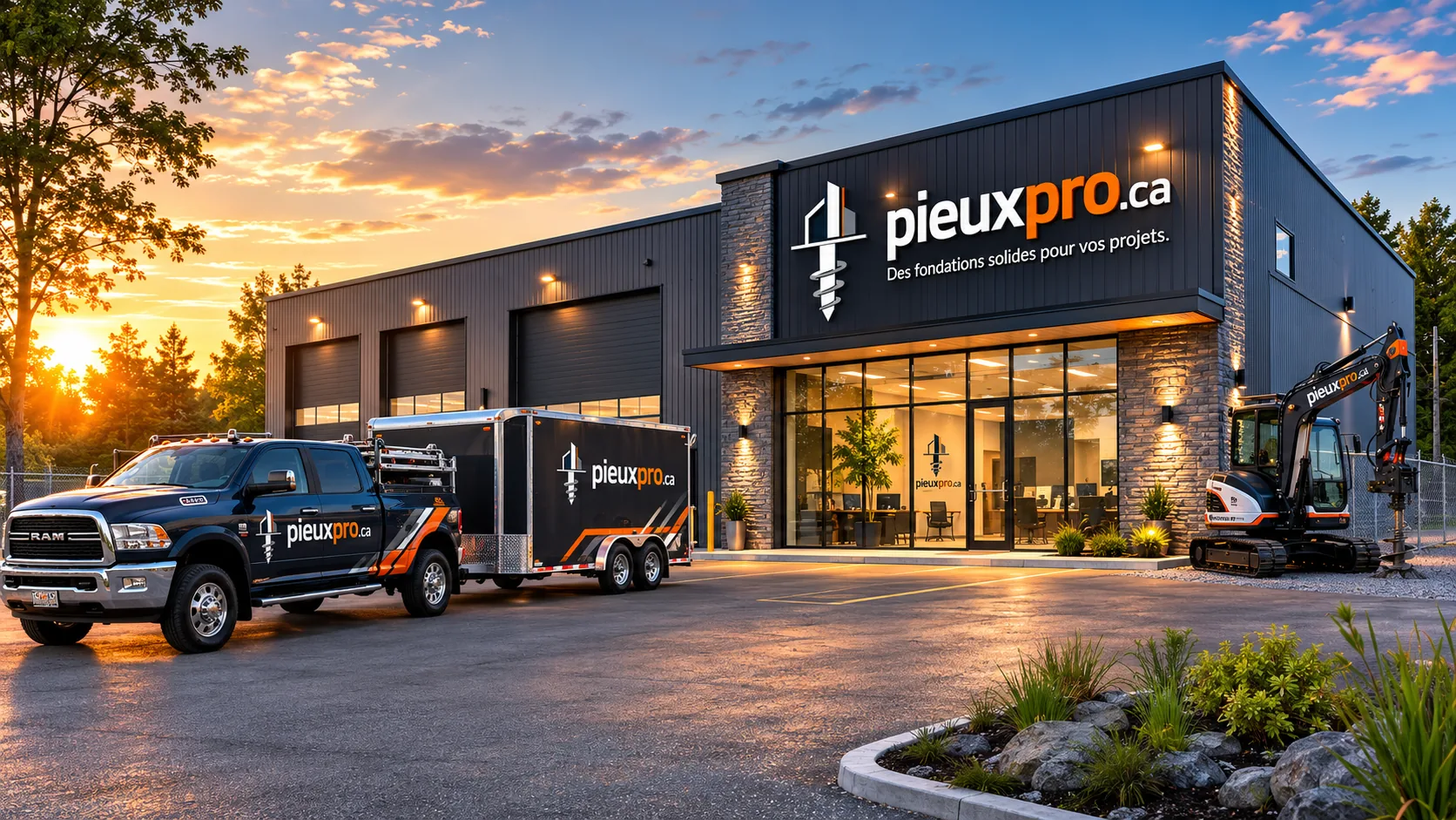 Camion, remorque et pelle mécanique devant un bâtiment d'entreprise