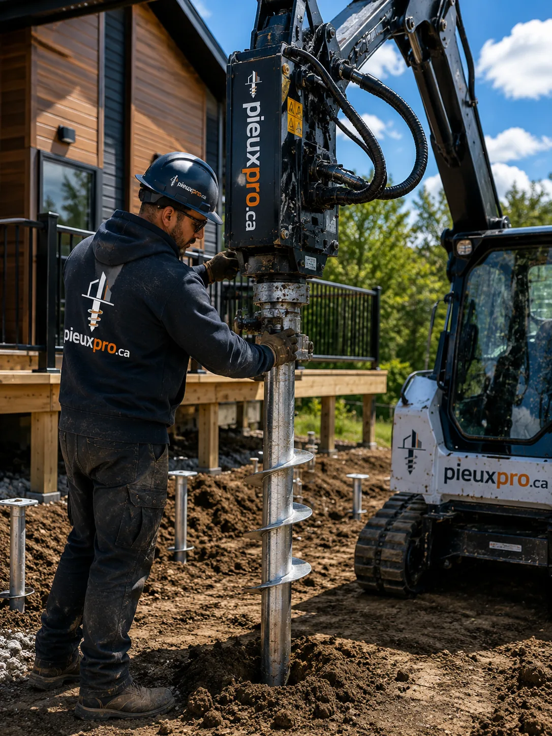 Installateur vissant un pieu d'acier à côté d'une terrasse de bois