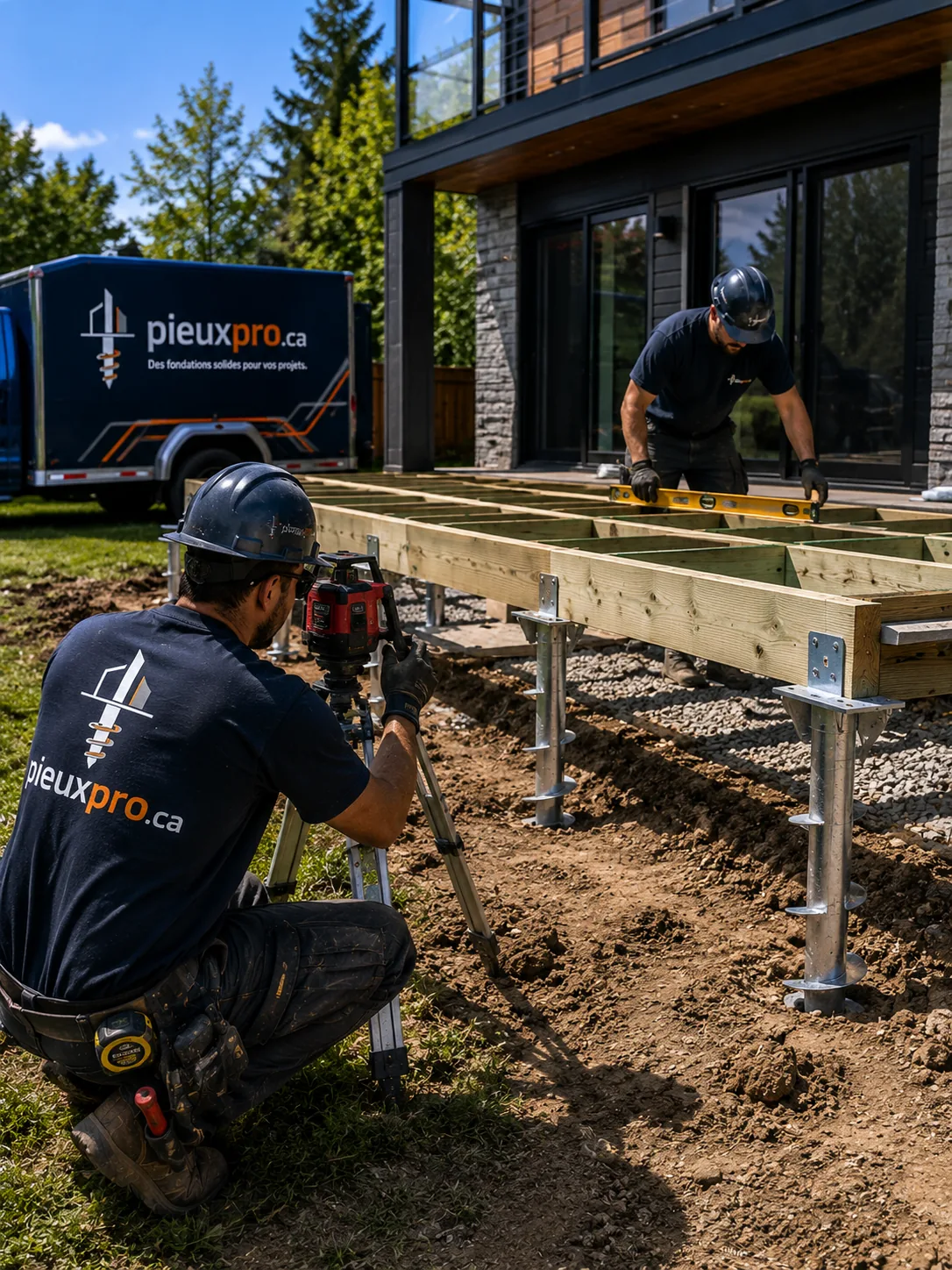 Deux installateurs mettant de niveau une structure de terrasse portée sur pieux