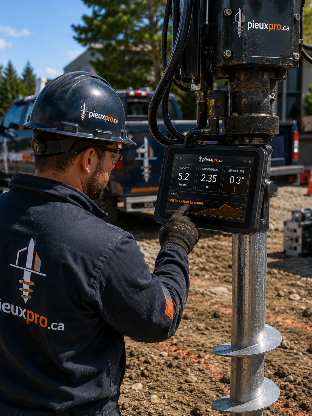Installateur consultant un écran de suivi fixé sur la tête de vissage